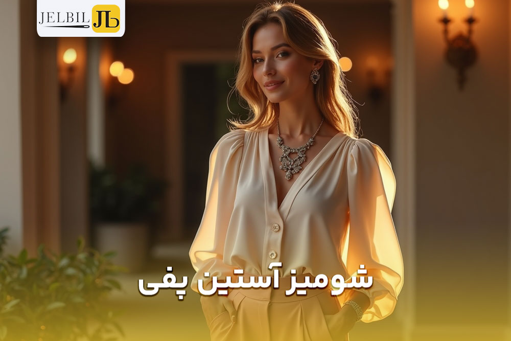 تصویر از  خانمی که ایستاده و شومیز آستین پفی خوشگل برای شب خواستگاری به تن کرده اند